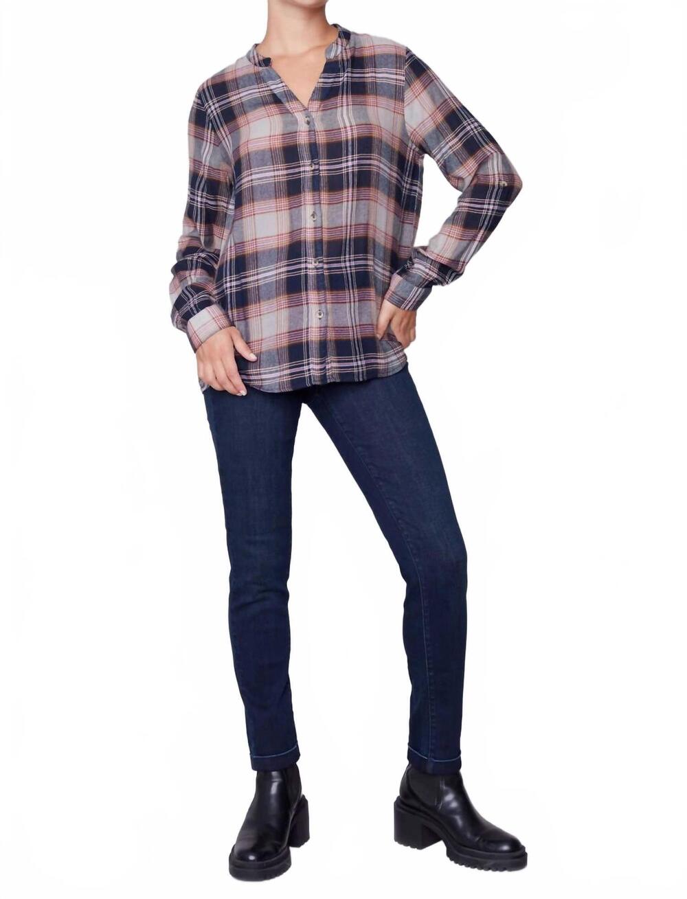 NEW CHARLIE B button-down plaid blouse in navy, grey, pink